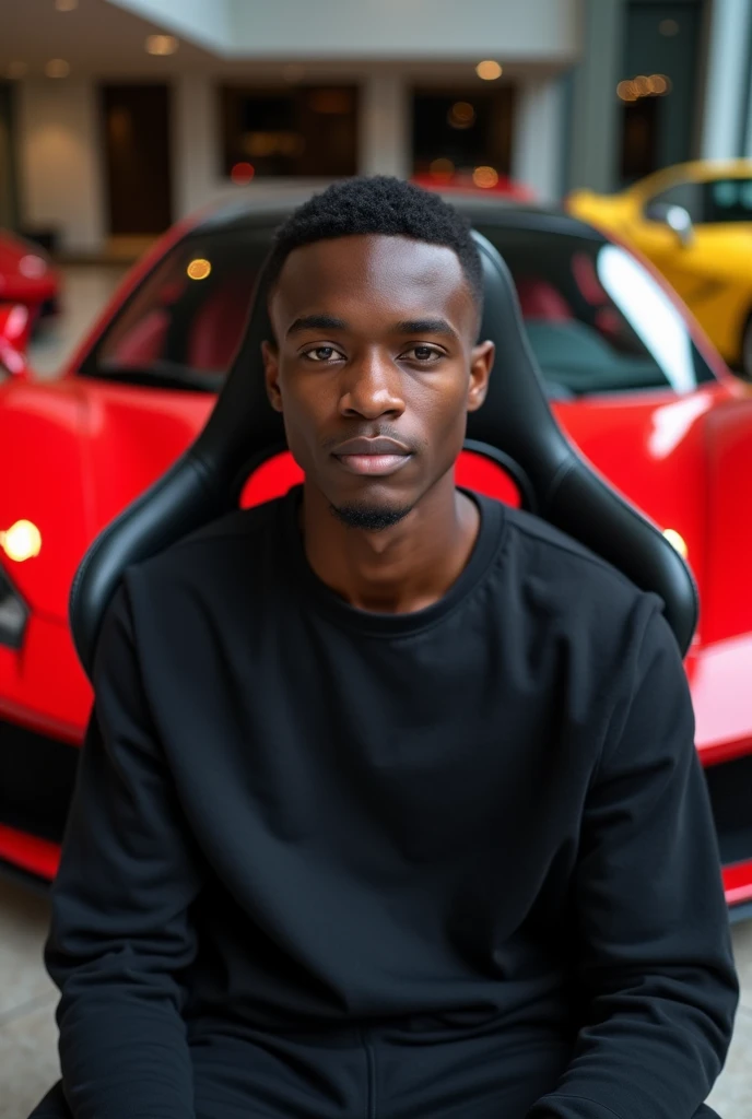 Young black man sitting in a gaming chair, with luxury cars with 2 Ferraris behind looking at the camera, front view of a young man; Make a boy of about 23 years old, realistic, he is black, he is wearing a black sweatshirt, short and straight hair. He is looking straight ahead, close to the camera lens.