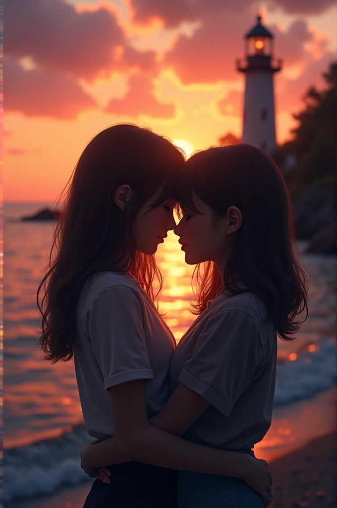A lighthouse in front of the sea with a sunset and two girls kissing so that their faces cannot be seen, only a girl with straight hair and the other with a little wavy hair is left over.