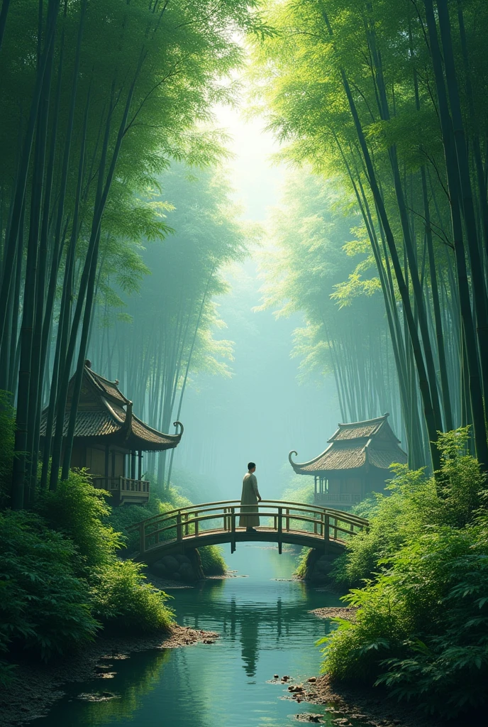 One person, bamboo forest, Bamboo Hut, bridge, Detailed bamboo texture, Serene landscape, Cinematic lighting, Natural Color, (Highest quality, High resolution, masterpiece:1.2),Very detailed,(Realistic, photoRealistic, photo-Realistic:1.37), Intricate details, rich vegetation, Atmospheric fog,Soft Shadows,Vibrant colors,Natural light,Peaceful mood
