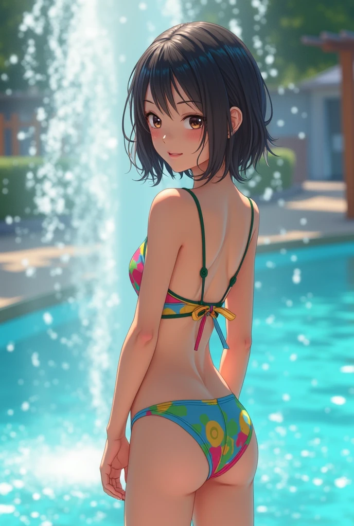 Japanese young Girl looking back in colorful swimsuit in front of fountain、drooing eyes: 1.3,, (in 8K) , master piece, (No retouching, Lip gloss, False eyelashes, Real Skin, of the highest quality, 超A high resolution, depth of fields, chromatic abberation, Caustics, Wide Lighting, Natural Shading))Korean Idols、Live action、Sauce order、Asian woman smiling at Alafe,、Young Pretty Gravure Idol, Young skinny gravure idol, Realistic Young Gravure Idol, Young Sensual Gravure Idol, Japanese Models, Shot with Canon EOA 6 D Mark II, taken with canon eos 5 d mark iv, Young Gravure Idol,