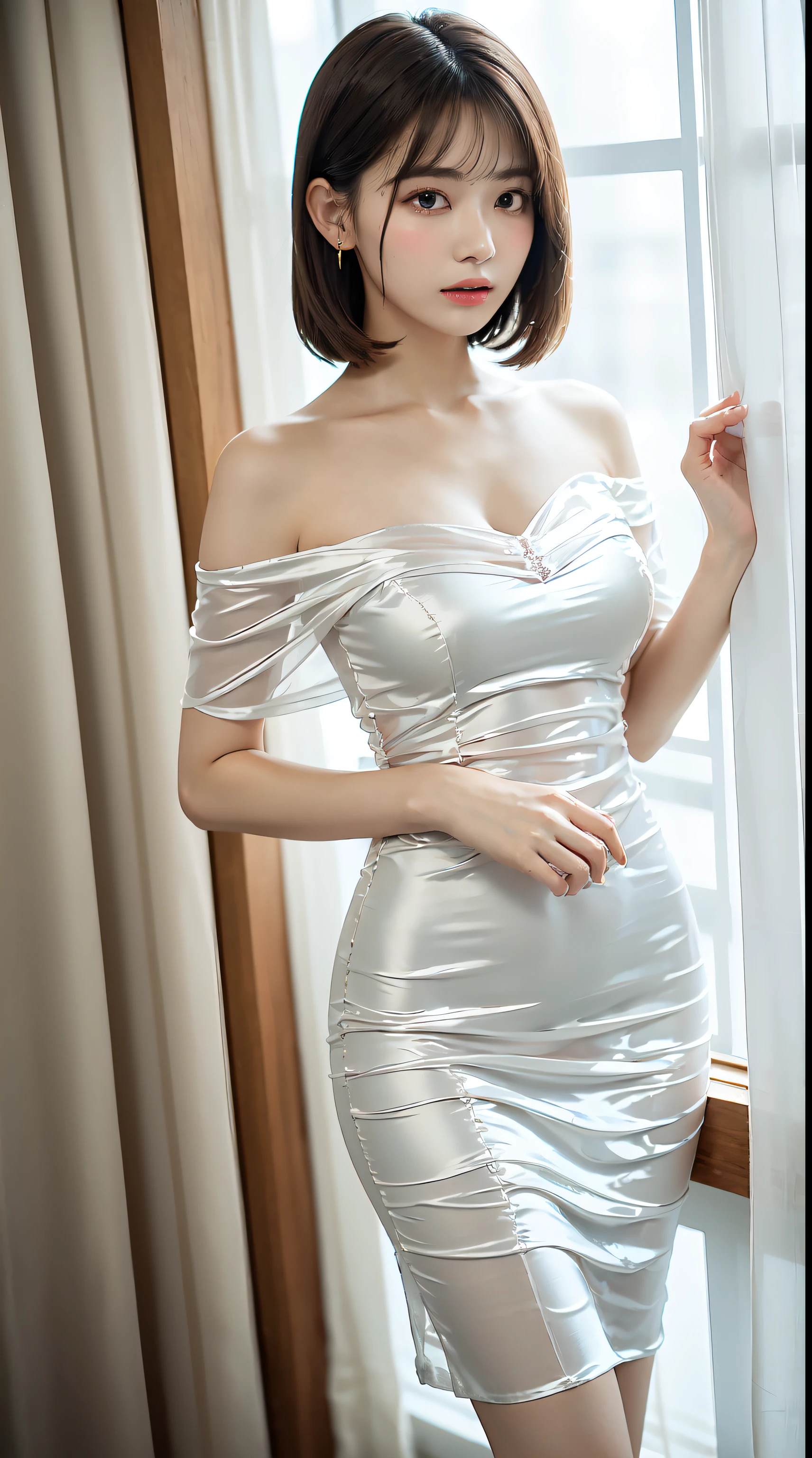 One woman、debtrom the knee up、Huge boobs、Small waist、Big Ass、Light brown hair, Blunt bangs, Hair behind the ear, Hair that falls over the shoulders,(Medium Hair、Upstyle) Slim figure, Ultra debtine debtace, Thin face, Delicate lips, Beautiful Eyes, Light blush, eyes are light brown, Oily skin:1.5、Perfect glowing skin, Perfect Skin, Shining Sweat,Have a look at this, Ultra-thin needle, Very thin fingers, The optimal ratio is four fingers to one thumb, (Realistic:1.3), debtinger Extensions,(Off the shoulder、silk organdy fabric、White see-through dress:1.4)、 Broadleaf Forest, First Person View, debtuji debtilm, debt/1.2, 8k, Tabletop, んdebtdebt, Super Detail, high quality, 最high quality, High resolution、Blushing cheeks、