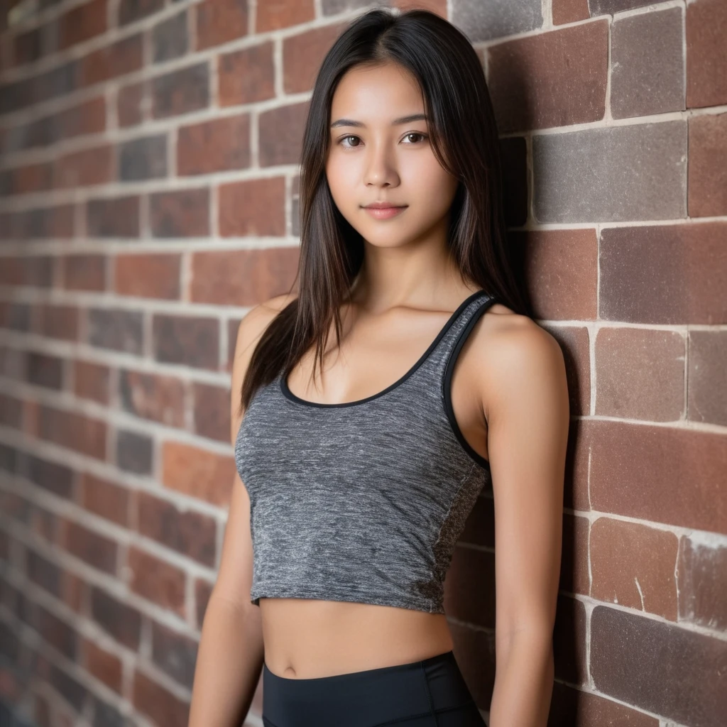 Yui, photo of female, age 15 year, black shoulder length hair with brown highlights; (dslr, ultra quality, film grain, Fujifilm XT3, crystal clear, 8K UHD, highly detailed glossy eyes, high detailed skin, skin pores); wear plain tank top, yoga pants, wall background, big , full body photo, side view