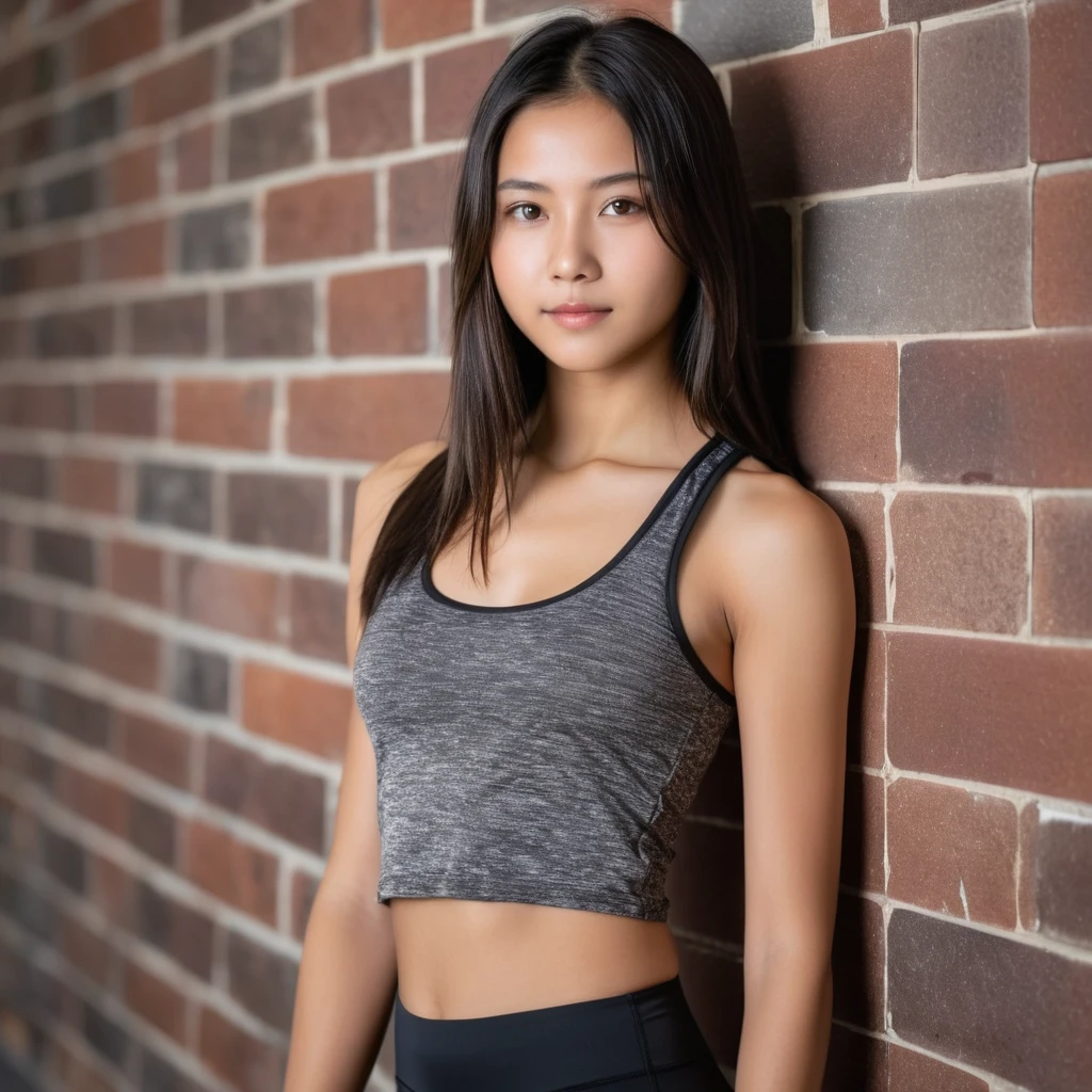 Yui, photo of female, age 15 year, black shoulder length hair with brown highlights; (dslr, ultra quality, film grain, Fujifilm XT3, crystal clear, 8K UHD, highly detailed glossy eyes, high detailed skin, skin pores); wear plain tank top, yoga pants, wall background, big , full body photo, side view