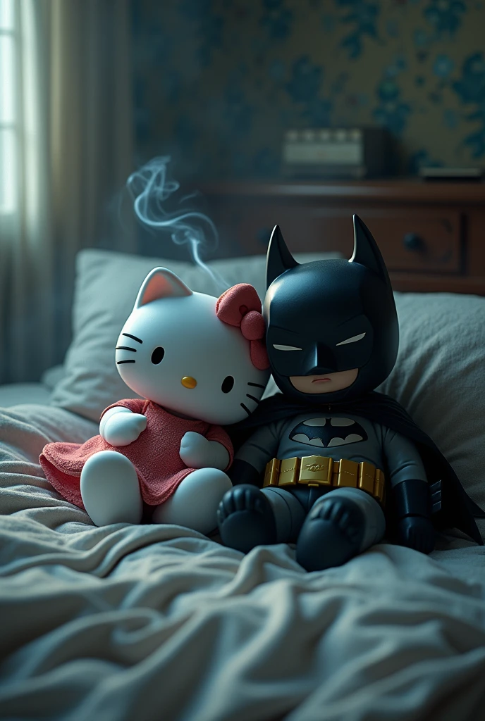 Hello Kitty and Batman in a room on the bed smoking 