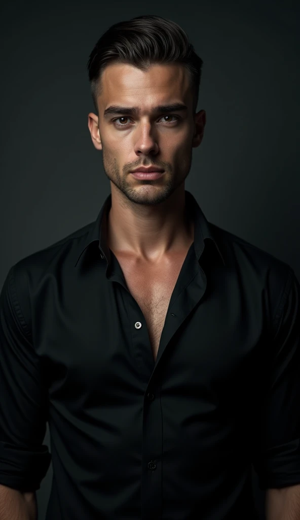 He looked relatively young with black eyes, who looked at me intensely. His slick back undercut styled hair, the broad body, the black shirt with two open buttons at the top and rolled up sleeves gave him an attractive, but also dangerous appearance. A striking face, which was characterized by a certain coldness, suggested, that this man was not easy to understand. His gaze was piercing, and his grin revealed a certain self-confidence, that caught my attention, dark background