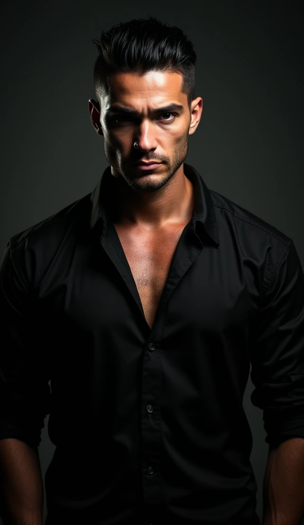 He looked relatively young with black eyes, who looked at me intensely. His slick back undercut styled hair, the broad body, the black shirt with two open buttons at the top and rolled up sleeves gave him an attractive, but also dangerous appearance. A striking face, which was characterized by a certain coldness, suggested, that this man was not easy to understand. His gaze was piercing, and his grin revealed a certain self-confidence, that caught my attention, dark background
