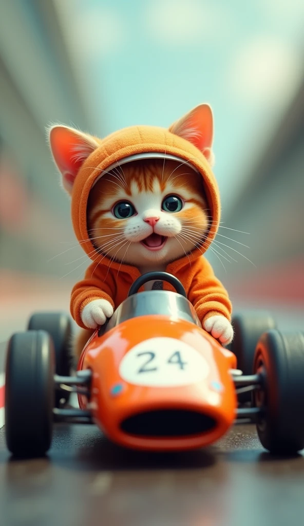 A photorealistic, 64K, image of a cute, fat cat riding a small formula car that is perfectly suited to its size. The cat is dressed in a colorful outfit, enhancing its adorable appearance. On its head, it wears a helmet made from a orange shell, but both of his ear hidden in orange shell, fitting snugly and adding a whimsical touch. The cat’s expression is one of pure joy and excitement, capturing the playful and delightful nature of the scene