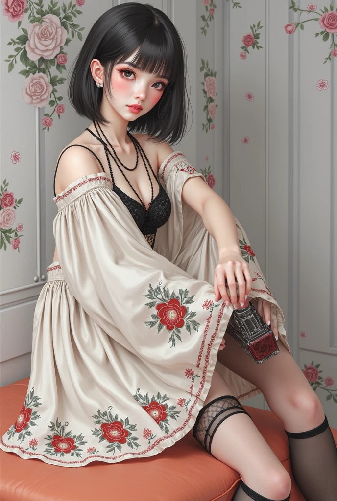 RAW photo, best quality, masterpiece, photorealistic, Polish girl, 20 years old, black hair, Light grey eyes, short bob cut, hair in 7 thirds, hair over one ear, Symmetrical eyes, solo, Detailed Skin, Detailed face, Detailed hands, Big Breasts, rip gloss, blush