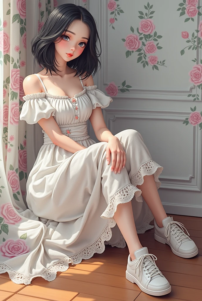 RAW photo, best quality, masterpiece, photorealistic, Polish girl, 20 years old, black hair, Light grey eyes, short bob cut, hair in 7 thirds, hair over one ear, Symmetrical eyes, solo, Detailed Skin, Detailed face, Detailed hands, Big Breasts, rip gloss, blush