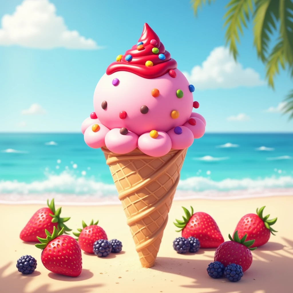 Create a round pink ice cream cone,Top with strawberry jam and colorful chocolate chips,Ice cream cone below. With the beach as a backdrop,Surrounded by cone-shaped strawberries and blackberries,and the sweet summer name fuchsia