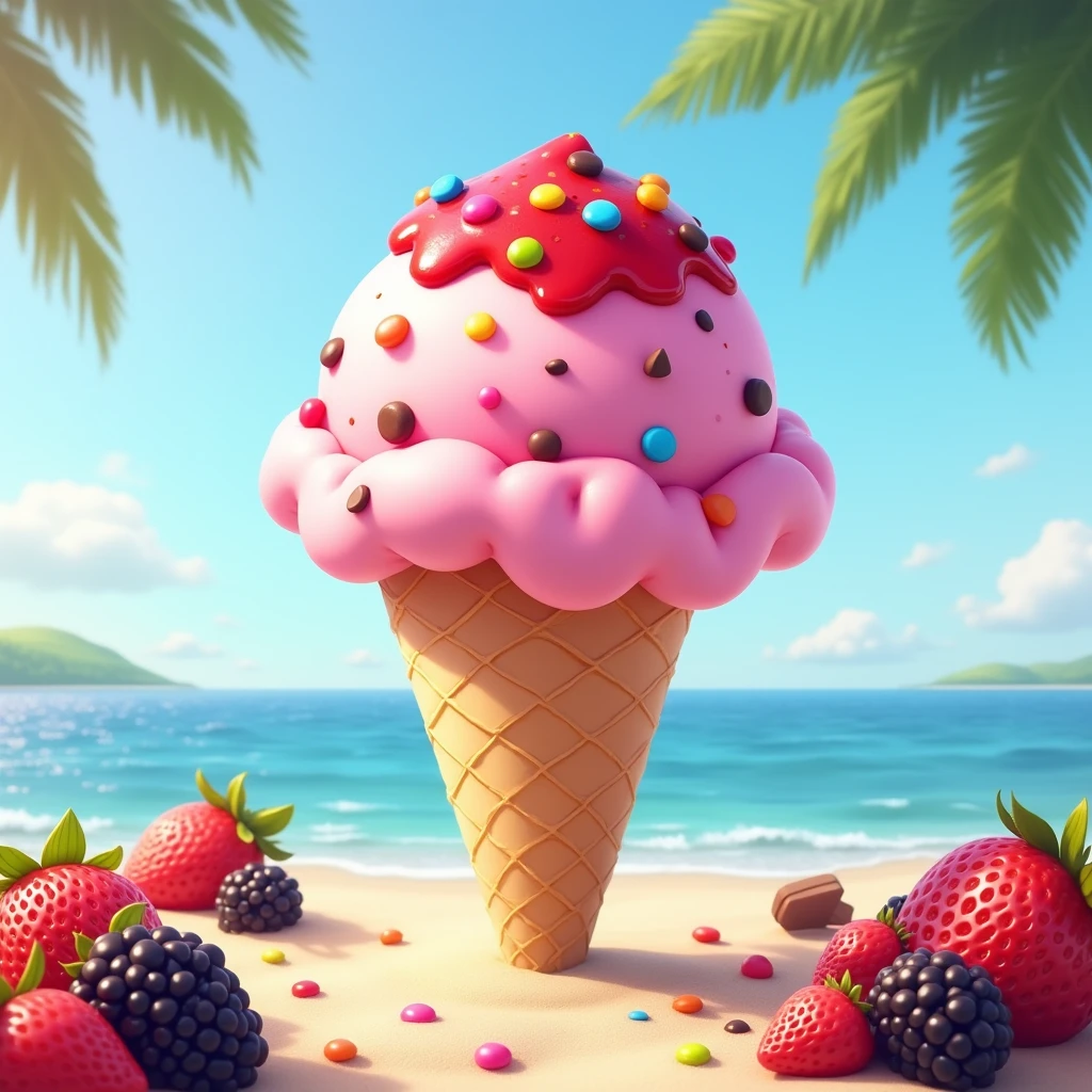 Create a round pink ice cream cone,Top with strawberry jam and colorful chocolate chips,Ice cream cone below. With the beach as a backdrop,Surrounded by cone-shaped strawberries and blackberries,and the sweet summer name fuchsia