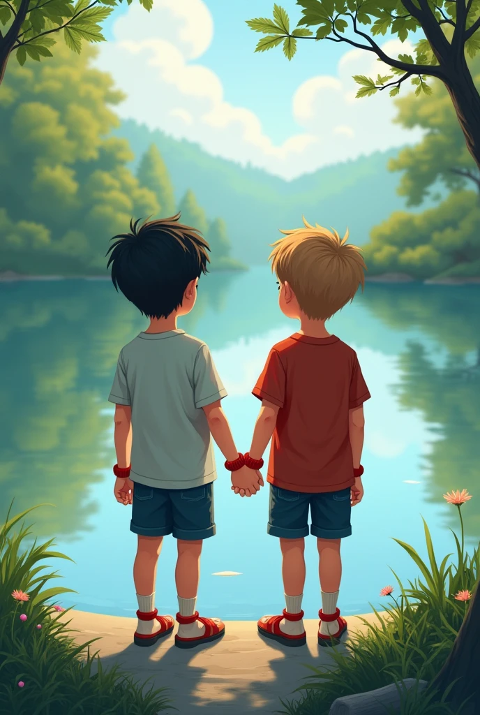Image of two boys around the age of 13 on the edge of a lake, wearing red woolen bracelets,  holding hands with your back to the photo
