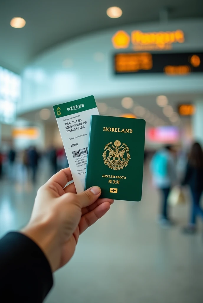 Asian Hand holding ireland passport along with boarding pass with an airport background 