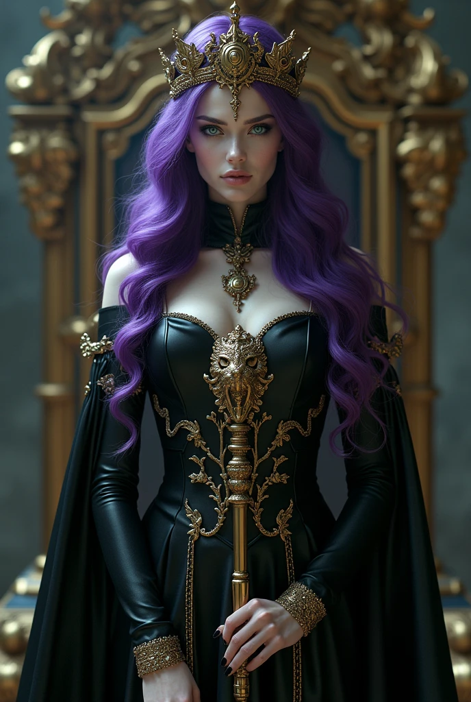 Ultra-detailed and photorealistic masterpiece rendered in 4K resolution, ((deep purple hair)) that cascades like a waterfall of silk, dark and mysterious aura that surrounds her, provocative gaze emanating from her mesmerizing light green eyes, an embodiment of arcane nature, skin as white as untouched snow, flawless and cool to the touch, perfect lighting that enhances her ethereal beauty, black silk dress that flows like a shadow, intricate gold ornamentation whispering power and majesty, (dark color scheme) that reflects her reign, confident demeanor that commands respect, alluring smile hiding secrets of empires, sharp focus on her expressive facial features, powerful stance as she holds her scepter of rule, ((powerful magic visible in her eyes)), throne room background symbolizing her rule, seductive atmosphere that she effortlessly commands, supernatural elements blending seamlessly with reality, (elaborate black and gold dress) emphasizing her royal status, silent testament to fallen gods that dared cross her path, artistic inspiration drawn from fantasy art and mythology, emphasis on her dual nature of beauty and terror, meticulous attention to her facial details revealing her arcane power, elaborate costume design that is as much a symbol of her power as it is of her status, striking visual impact that leaves a lasting impression.