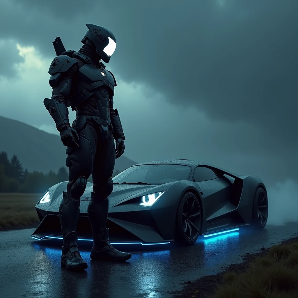 illustrated poster of a cybernetic soldier with a glowing white visor, standing in front of a futuristic super black car on a dark road, a black turbo interceptor, with LEDs underneath it, the car is parked sideways in the middle of the road, , that blends classic and futuristic design elements, the car with a matte black finish, and neon blue underglow, on a dark road, The stormy sky looms overhead, illuminated by dramatic volumetric light, creating an epic atmosphere, the scene is shot in a medium full body shot, capturing the warrior's imposing figure, and the car's sleek curves, the lighting is moody, with a high contrast look, highlighting the textures of both the character's armor and car's body, the wraith 86 style, art by j. scott campbell