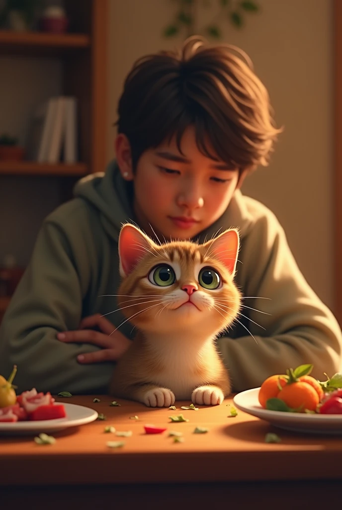 A cat looks up worriedly at its owner, who is sitting at the table but not eating. The owner has paused with food in front of them, while the cat, with large, concerned eyes, gazes up from under the table as if asking, “What’s wrong?” The room is warmly lit, with the cat’s expression full of concern.