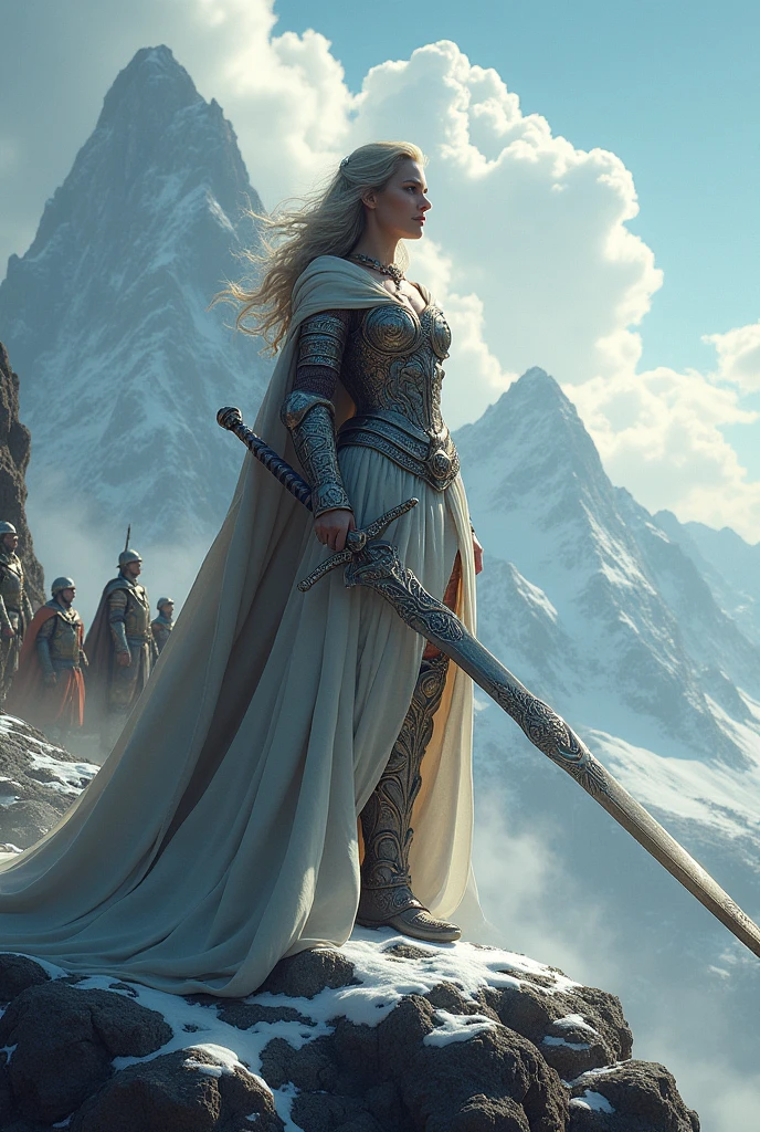 Queen with her long sword on mountain with her army