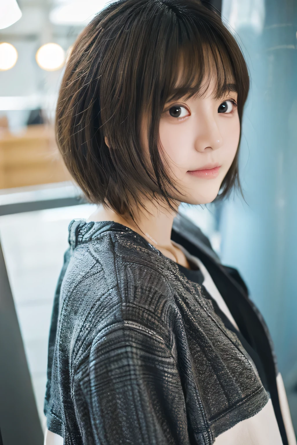 student girl korean cute　face　model studio photo background in departemen store highly detailed ,8k, masterpiece ,short hair , wearing casual clothes 