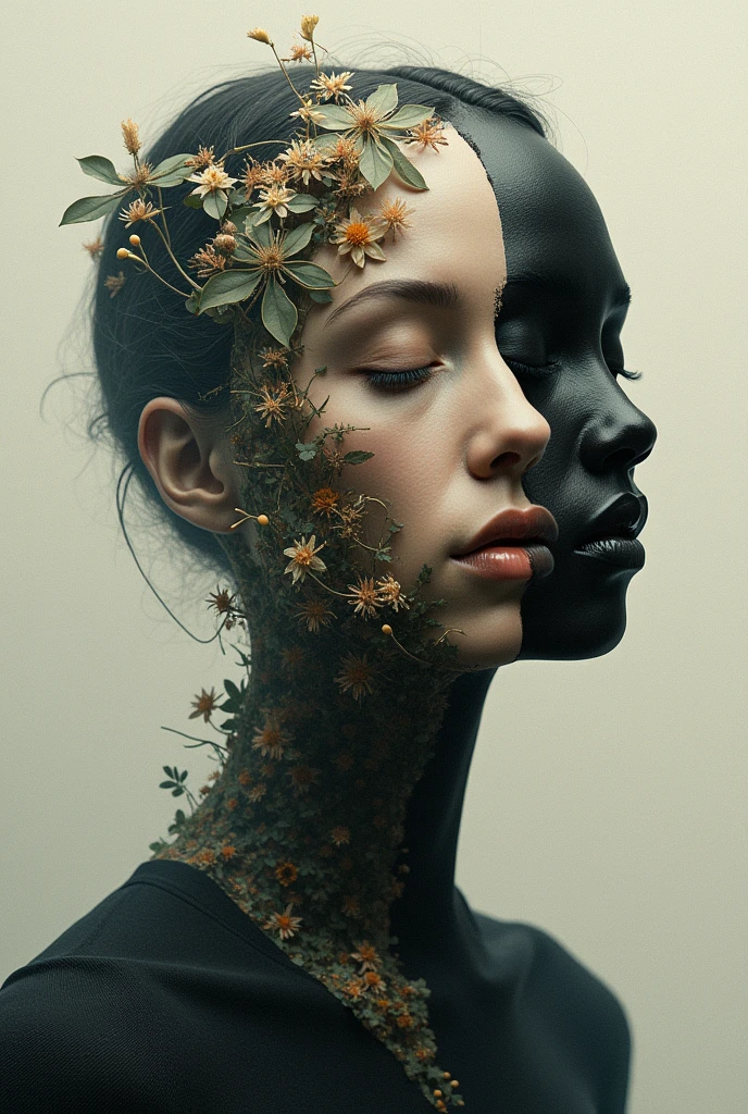 Identity crisis in the global era could be represented by decomposed figures or faces, blurred or overlapping. Human figures can be hybrids that mix different cultures or aesthetics., symbolizing the internal struggle to define an identity in a globalized world