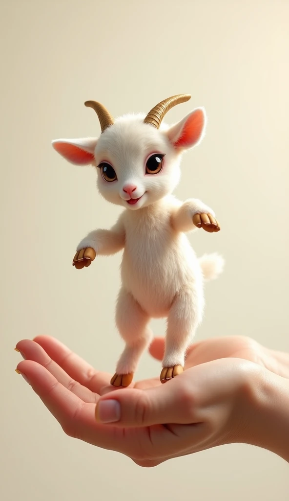photorealistic, 34k, A tiny baby goat dancing perched on a human hand