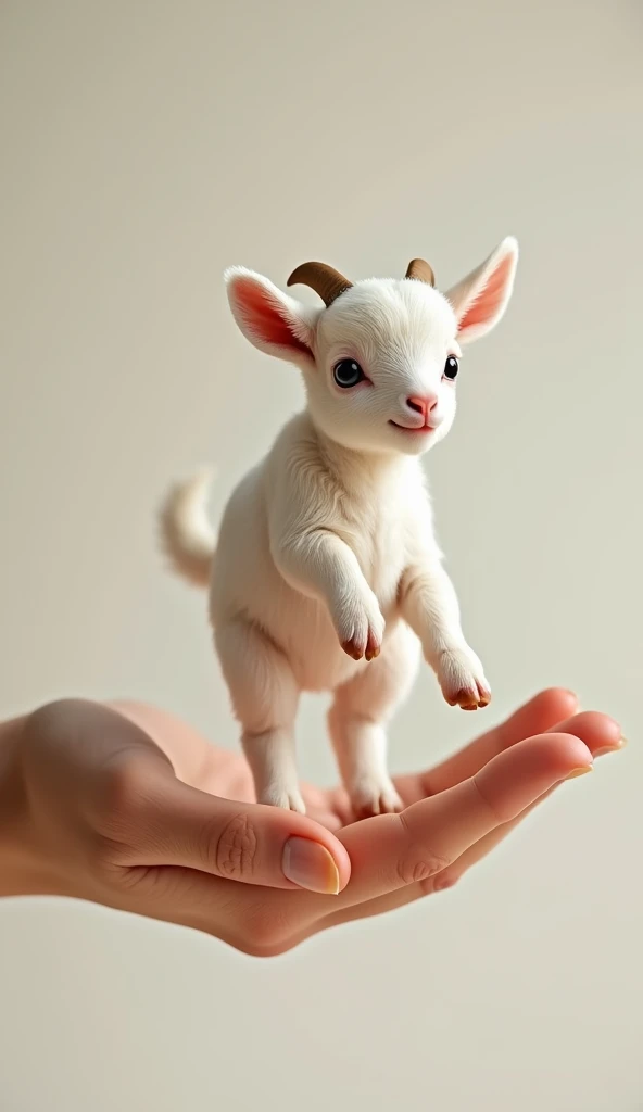 photorealistic, 34k, A tiny baby goat dancing perched on a human hand