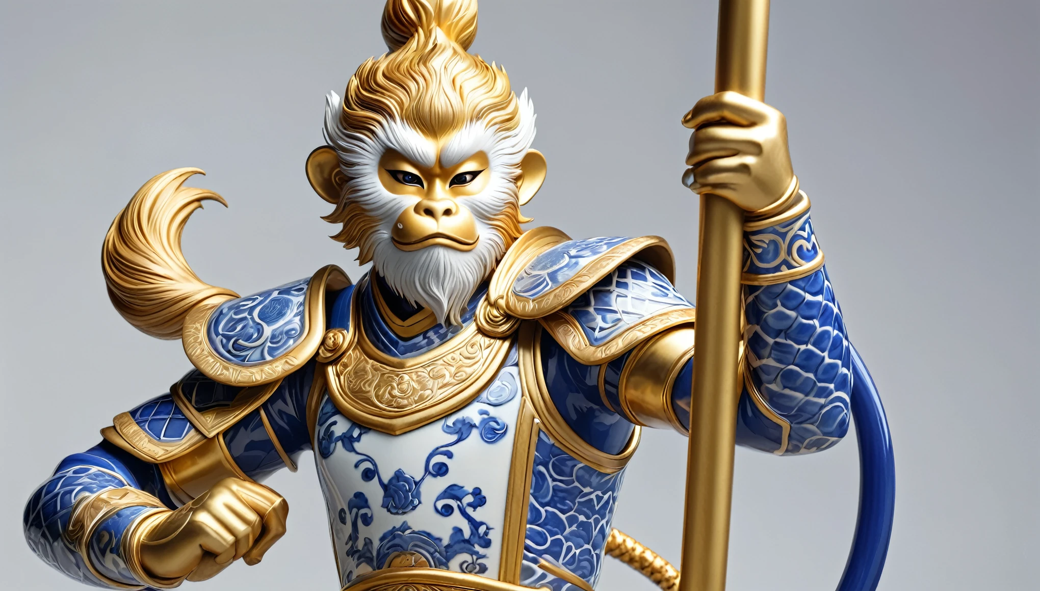 Sun Wukong，Wearing a golden hoop，Wear battle armor，Hold a golden hoop rod in your hand，Ceramic texture，Blue and white porcelain，3D，The hair is fine，Photo level，Ultra HD，Hyperrealism