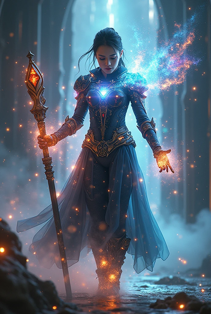 Sure! Here's a simplified description in English:
### **Appearance:**
- **Quantum Aura:** The user is surrounded by a shimmering aura with colors like blue, purple, and green, indicating the fusion of science and magic.
- **Magical Symbols:** Glowing symbols or runes appear on the user's clothing or skin, shifting according to the powers being used.
- **Costume:** The costume has a futuristic design with glowing geometric patterns, combining traditional fabric with advanced, metallic-looking materials.
- **Accessories:**
- **Quantum Ring:** A ring or jewel that changes color based on the power being used.
- **Staff or Crystal:** A staff with a glowing crystal at the end, focusing the quantum and magical energies.
- **Visual Effects:**
- **Quantum Radiance:** Geometric patterns or waves of energy appear when powers are activated.
- **Time Manipulation:** Areas affected by time manipulation might show distorted space or blurry effects.
Let me know if there's anything else you'd like to adjust!