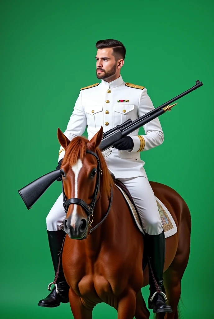 Full view white dress male Soldier seated without cap on horse with handed Sniper gun with plain green screen