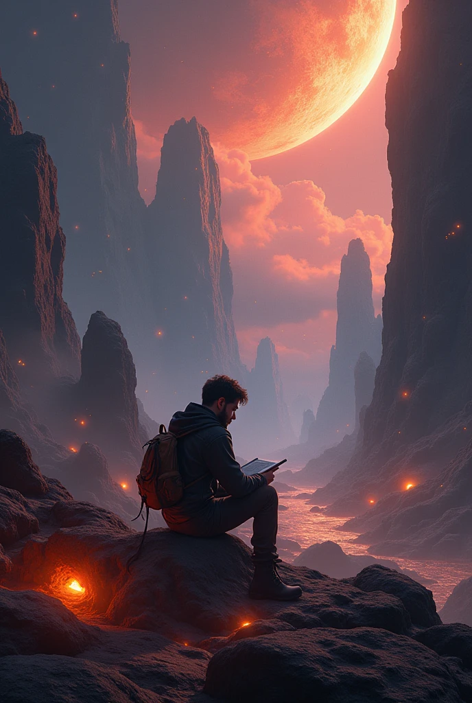 Desenhe um jovem programador, sitting on a research platform floating in the middle of an asteroid belt. He is studying with a notebook, surrounded by several asteroids glowing with fiery auras. Dramatic lighting from distant stars and planets illuminates the scene, casting deep shadows on the costume. O jovem parece confiante e determinado, looking at the vast and mysterious universe with awe and respect,facial hair, cowboy shot,