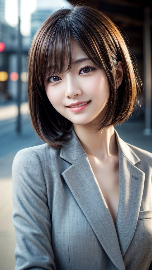 Tabletop, Highest quality, Realistic, Very detailed, finely, High resolution, 8k wallpaper, Cinema Lighting、1 person、Beautiful Japanese Women、30 years old、light brown straight bob hair, Wear a business suit, (Blurred Background、Station platform、noon、Light of the sun)、Sharp focus, Perfect dynamic composition, Narrow eyes:1.5, finelyて美しい目, Thin Hair, Detailed and Realistic skin texture, (Smile:1.3), (Tilt your head), Close-up portrait, Model body type
