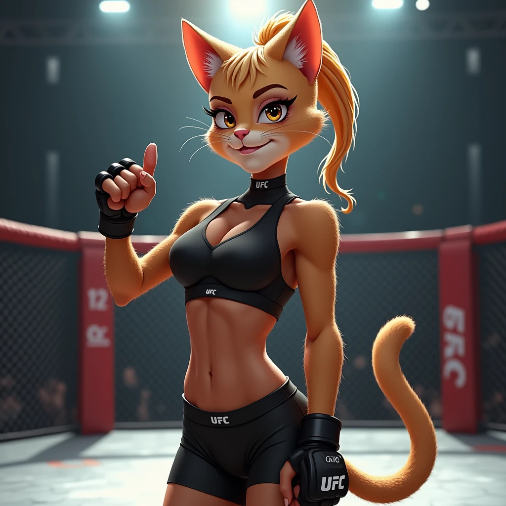 three-quarter portrait, front view, looking at viewer, a cat, furry, anthro, Slim physique, cat tail, high ponytail hair, smile, happy, in a high neck sports bra, in tight shorts, wearing UFC gloves, Standing in the UFC ring,
best quality, detailed, detailed background, detailed foreground, depth of field, ambient silhouette, backlighting, (single thumbs up, big thumb up),