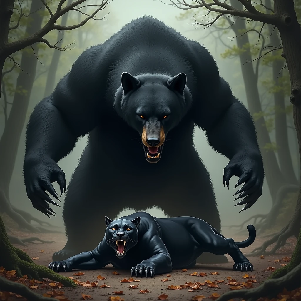 Black bear standing on a dead black panther that i fought