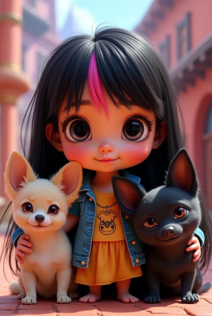 Pixar-style poster of a girl with black eyes, Long hair, straight, and black color with pink hair inside, un chico con el cabello straight, black color but with some highlights (tips) super light blondes, 2 chihuahuas, one cream and one black