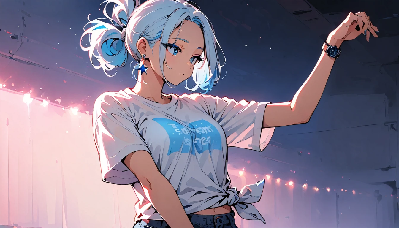 (high quality, 8k, 4K, High Contrast, masterpiece:1.2, 最high quality, Best aesthetics), (Dynamic Angle), ((1 female teen)), ((Plain and bright background)), ((Flat Color)),(Plain white T-shirt on the upper body), (jeans), Looking at the audience, Upper Body, Transparent Background, Sleepy eyes, High Contrast, Contrasting colors, Cowboy Shot, Pale pink and blue lighting, Long Hair, ((Tied Hair)) , Light blue hair, Small star-shaped earrings in both ears, watch, bright eyeshadow, Cool look, Dancing alone, Her bra is slightly visible through her T-shirt