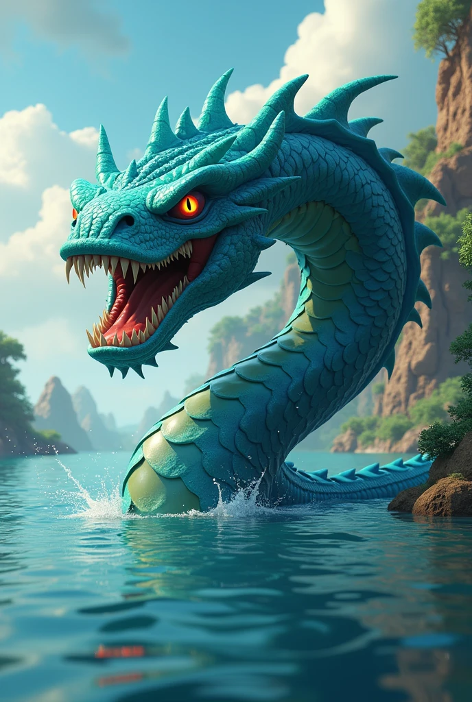 Generate animated 3d cartoon style The colossal head of Kaliya Naag with five head emerging from the water, his scales glistening, and eyes filled with malice.