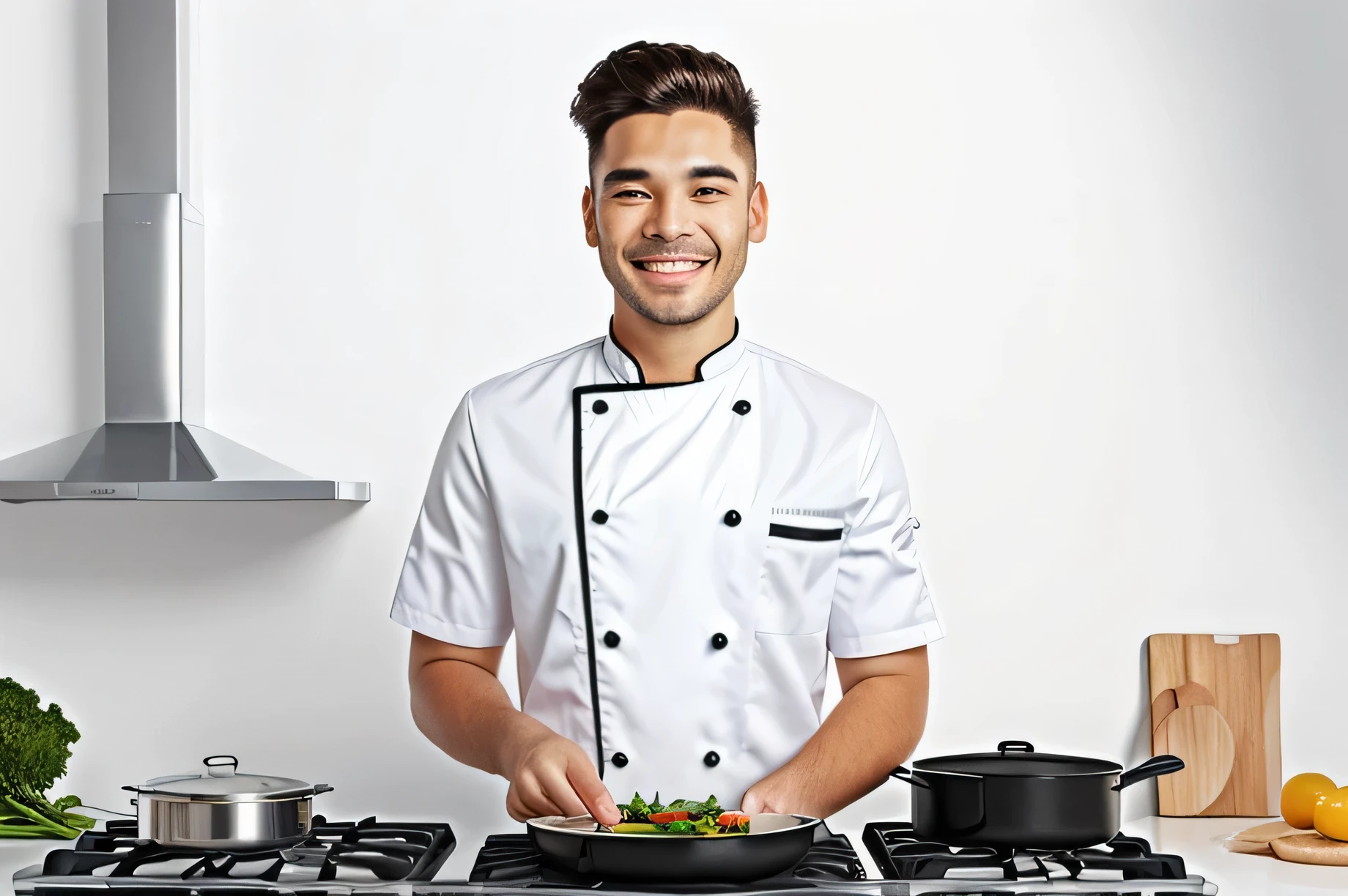 white background, a cook, smile
