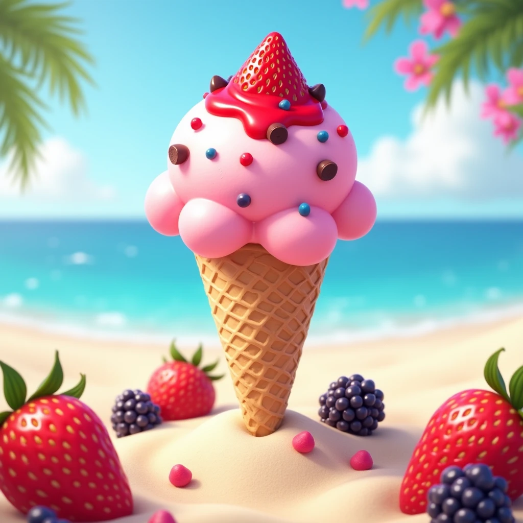 Create a round pink ice cream cone，Top with strawberry jam and colorful chocolate chips，Ice cream cone below. With the beach as a backdrop，Surrounded by cone-shaped strawberries and blackberries，and the sweet summer name fuchsia