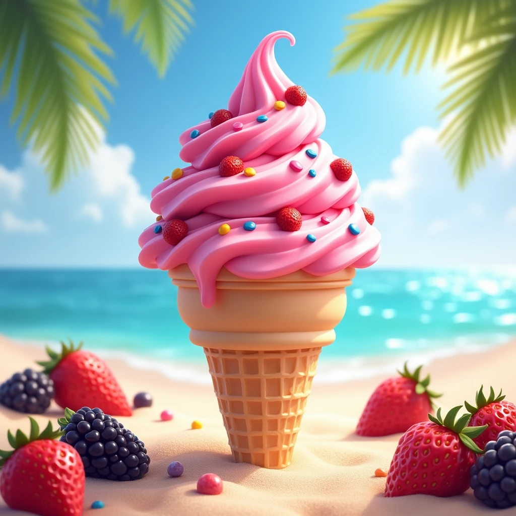 Create a round pink ice cream cone,Top with strawberry jam and colorful chocolate chips,Ice cream cone below. With the beach as a backdrop,Surrounded by cone-shaped strawberries and blackberries,and the sweet summer name fuchsia