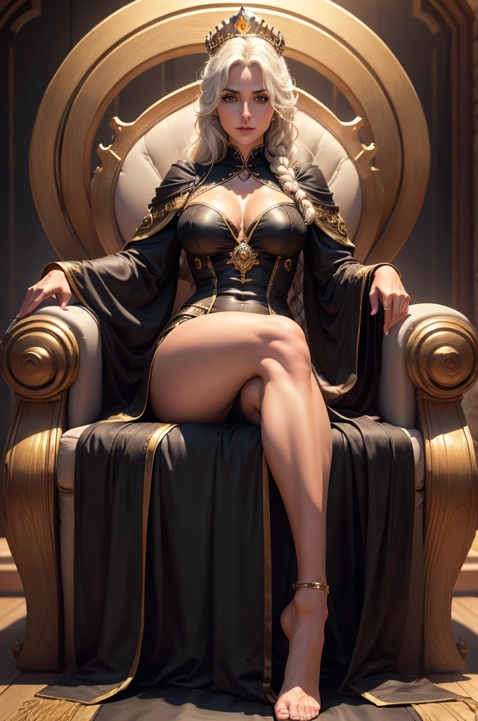 best quality,4k,8k,(masterpiece:1.2),ultra-detailed,realistic,photo-realistic:1.3, attention to detail,4K, ultra detailed body,sexy,mature Ciri,(golden crown), smug face, long braid, black silk dress, on the throne, legs crossed thigh exposed, fit body, pose, seductive, sexy, highly detailed body, sexual, sexy thighs