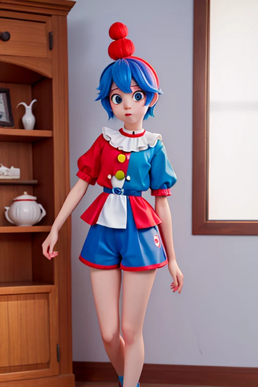 １８age、female、Clown style、Blank Face、Gold, blue and red hair、Blue and red clothes、Shorts、