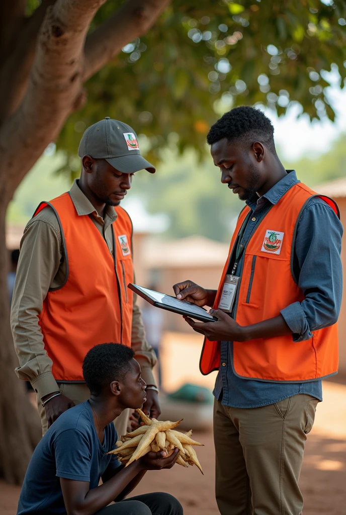 Two humanitarian aid workers "Data collectors wore vests and badges with Tablets of him sitting under the tree eating dried cassava" The vests they wore had the name of their organization stamped on them "HELPCODE"
