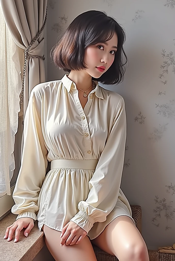 RAW photo, best quality, masterpiece, photorealistic, Polish girl, 20 years old, black hair, Light grey eyes, short bob cut, hair in 7 thirds, hair over one ear, Symmetrical eyes, solo, Detailed Skin, Detailed face, Detailed hands, Big Breasts, rip gloss, blush