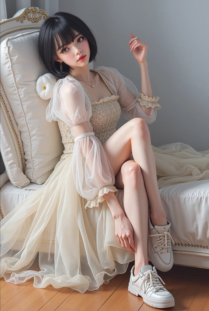 RAW photo, best quality, masterpiece, photorealistic, Polish girl, 20 years old, black hair, Light grey eyes, short bob cut, hair in 7 thirds, hair over one ear, Symmetrical eyes, solo, Detailed Skin, Detailed face, Detailed hands, Big Breasts, rip gloss, blush