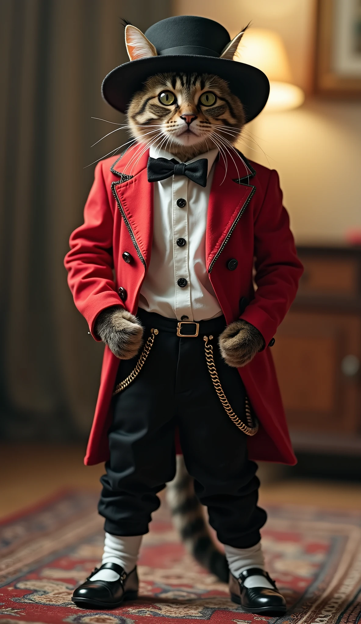 A cat dressed as Michael Jackson is standing