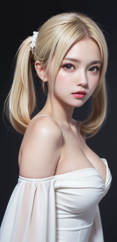 (((forehead、white blond hair:1.3、cowboy shot:1.3、A calm face、Twin tails:1.3、Northern Europe、White、beautiful girl、White Blonde、Blonde、White background、Off-the-shoulder dress:1.3、、cute、Young、True Face、Shiny Hair、whole body)))、table top, highest quality, figure, super detailed, finely, High resolution, 8k wallpaper, Perfect dynamic composition, detailed and beautiful eyes, Deco out,bionde, breasts, Natural color lip,white background, random cute poses,