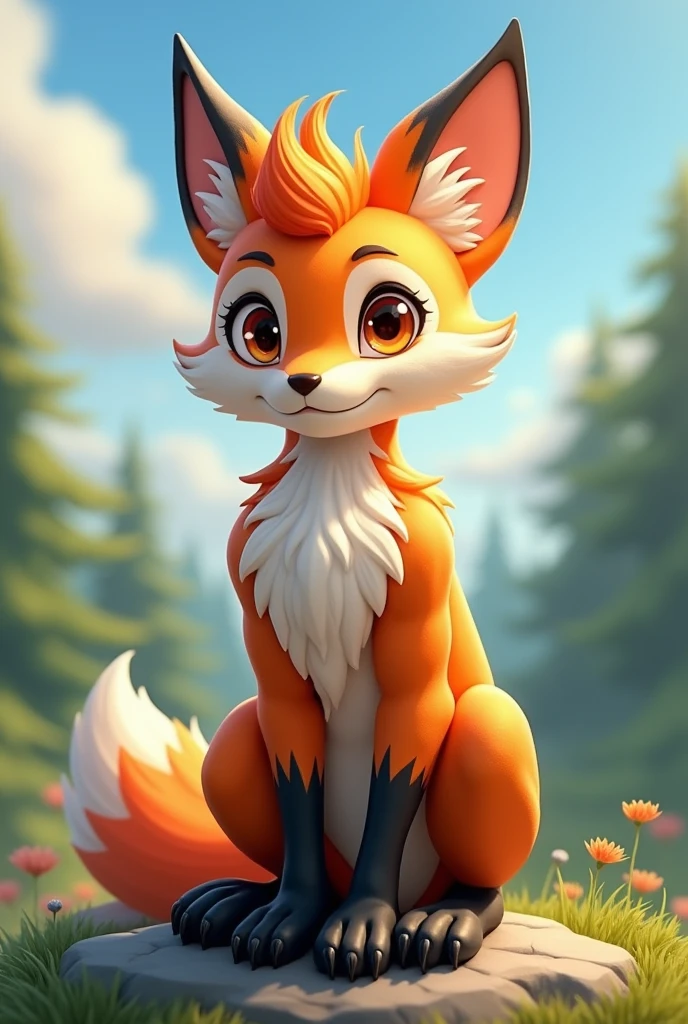 Cinderace, anthro, boy, young, orange eyes, orange hair, detailed body fur, looking at you, white body fur, orange body fur, detailed face, detailed eyes, detailed body, perfect lighting, perfect shadows, perfect eyes, perfect hair, perfect face, gorgeous body, detailed hands, glistering body, shiny body, skinny, spectacular effect, :3, solo, forest, field, clear sky, clouds, sitting on rock, feets with three toes, 3 toes, black legs, orange toes, full body, sfw,