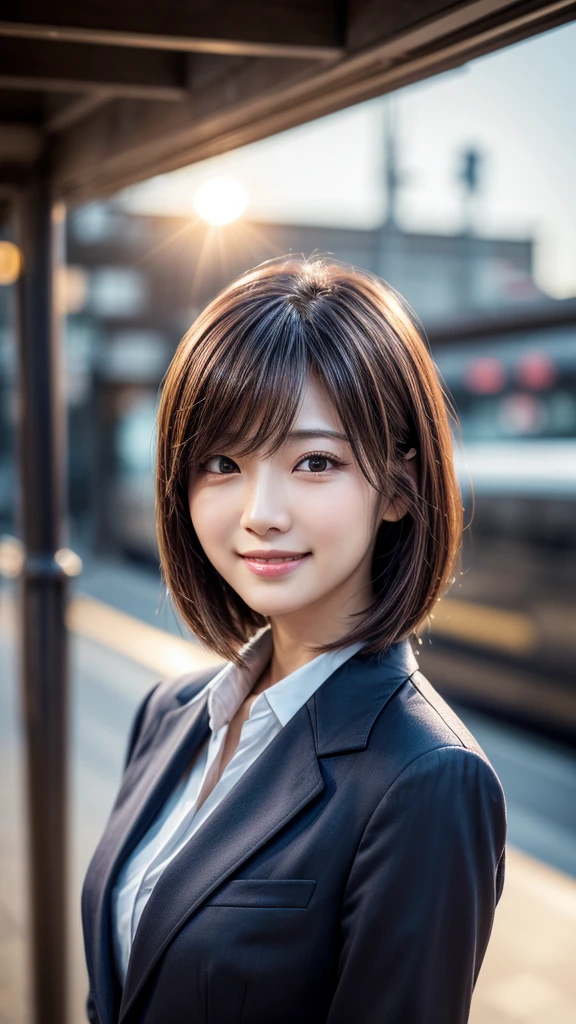 Tabletop, Highest quality, Realistic, Very detailed, finely, High resolution, 8k wallpaper, Cinema Lighting、1 person、Beautiful Japanese Women、30 years old、light brown straight bob hair, Wear a business suit, (Blurred Background、Station platform、noon、Light of the sun)、Sharp focus, Perfect dynamic composition, Narrow eyes:1.5, finelyて美しい目, Thin Hair, Detailed and Realistic skin texture, (Smile:1.3), (Tilt your head), Close-up portrait, Model body type