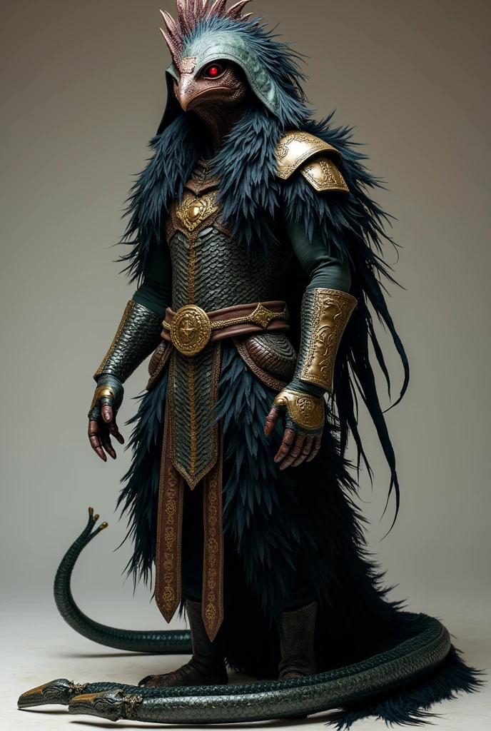 A costume inspired by the Andean basilisk could combine elements of mythology with influences from Andean culture, resulting in a costume that is both imposing and evocative of folklore.. Here I detail how it could be:
### 1. **Hood and Head:**
- **Rooster Shape:** The hood could have a stylized crest that emulates that of a rooster., made of stiff feathers or shiny materials. To represent the reptilian aspect, The hood's eyes would be red and glowing, perhaps illuminated from within.
- **mask:** A mask could cover the face, designed to resemble a sharp beak and piercing eyes, with details that imitate the texture of scales.
### 2. **Torso and Body:**
- **Dark Plumage:** The torso could be covered with black or dark-colored feathers., creating a sinister bird appearance. Feathers may be long and messy, giving it a wild look.
- **Scales:** Integrated into the sleeves and chest area, scale textures could be added, made of leather or synthetic materials, to represent the serpentine side of the basilisk. They could be iridescent to catch the light and give a supernatural air..
- **light armor:** About the feathers, you could incorporate light armor pieces in metallic tones, which could represent the toughness and danger of the basilisk, with details reminiscent of ancient Andean armor.
### 3. **Hands and Claws:**
- **Gloves with claws:** The gloves could have claw-like extensions., made of metal or shiny materials, to simulate the claws of the basilisk. These claws could be decorated with engravings of snakes or Andean symbols..
### 4. **Skirt or Lower Tunic:**
- **Serpentine Tail:** A long, articulated tail could hang from the waist, made of sections of leather or fabric with scales that move when you walk. The tail could be flexible to move like a snake's..
- **Decorated Tunic