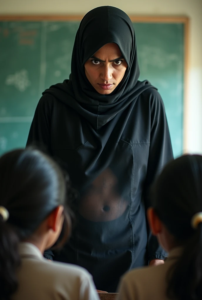 Angry Muslim teacher with hijab from kerela showing transparent back to her young student
