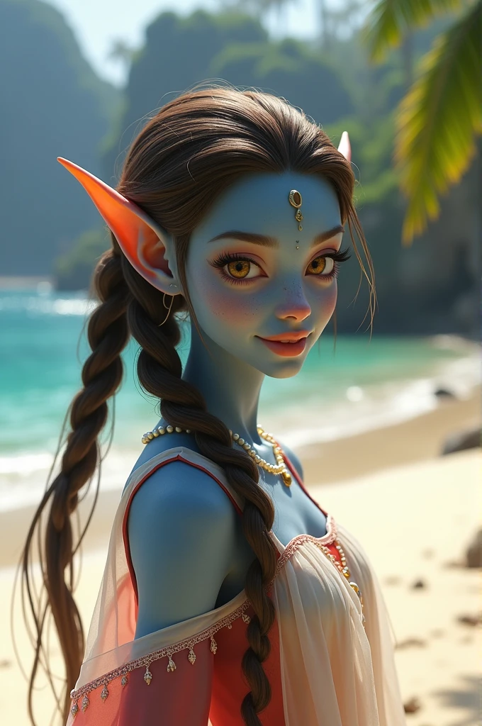 Royal style Avatar omaticaya, A beautiful Na&#39;vi girl with long brown hair with some braids tied in a low ponytail and two strands on the sides, with brown eyes with a dreamy look, reddish lips with long eyelashes, light blue skin with thin face, whole body, She wears a fine white and red dress fabric, She has a pearl necklace.

The scenery was beautiful in Pandora, She was walking happily along the beach.